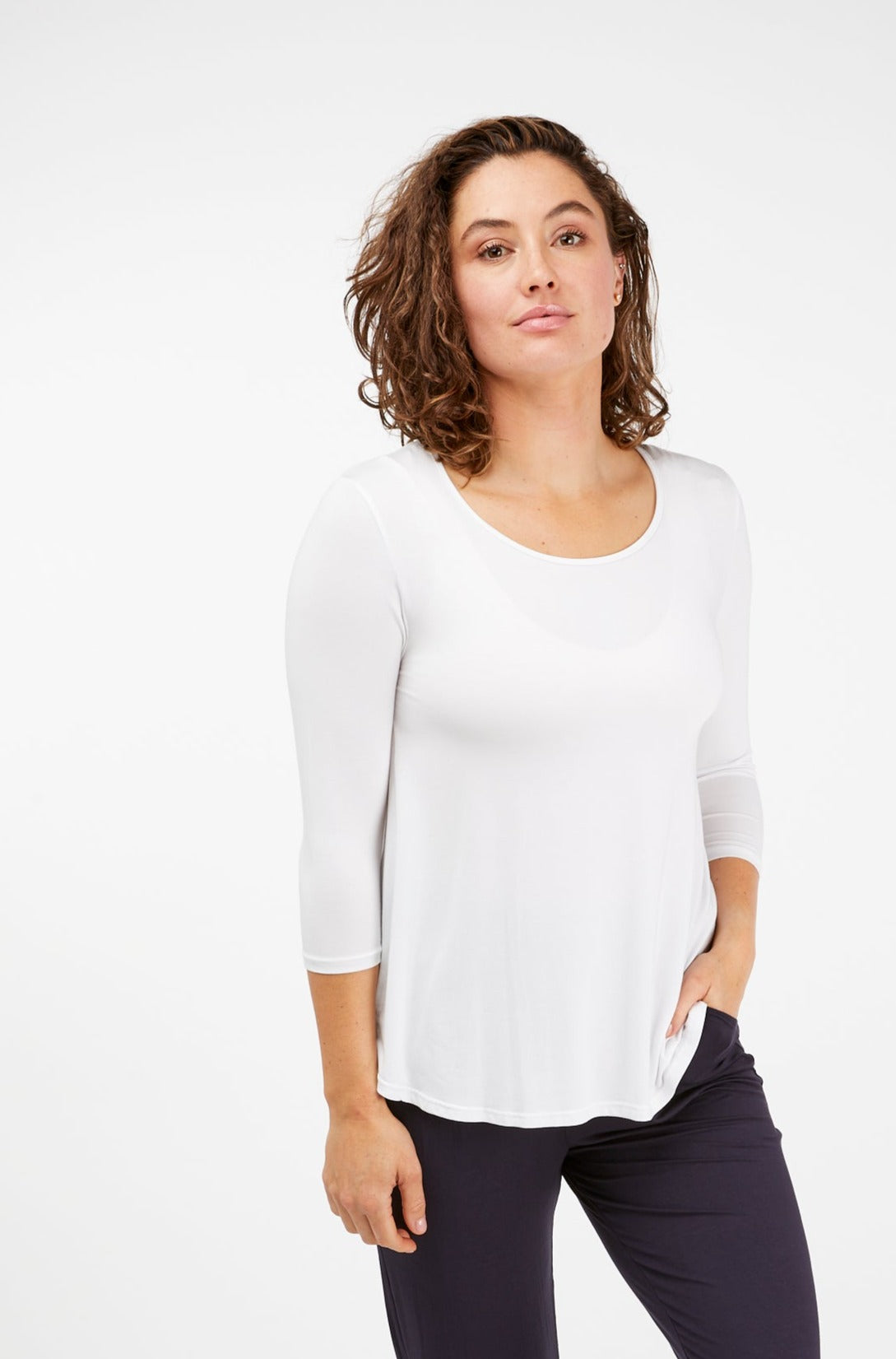 3/4 Sleeve Scooped Hem White