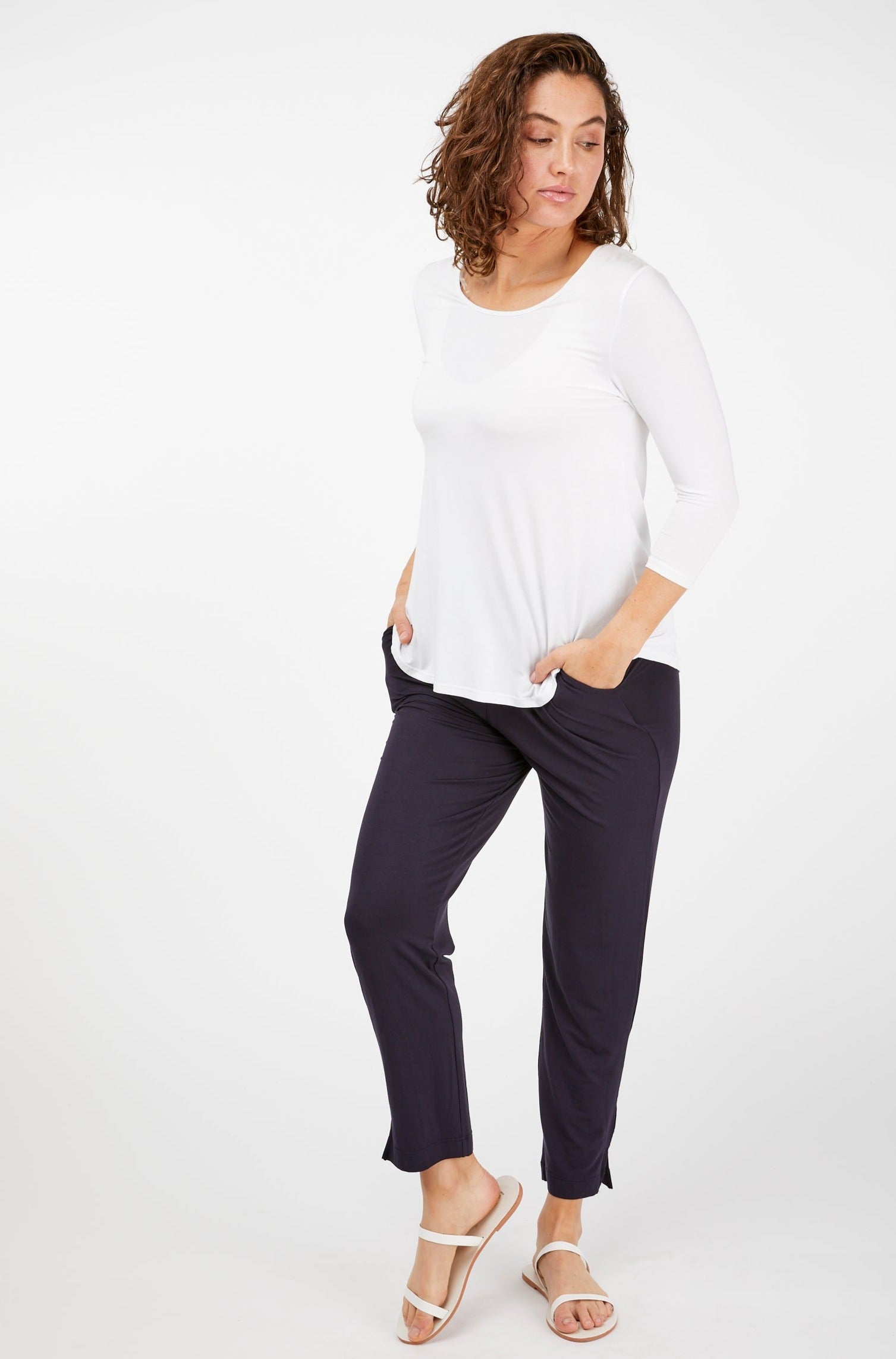 3/4 Sleeve Scooped Hem White