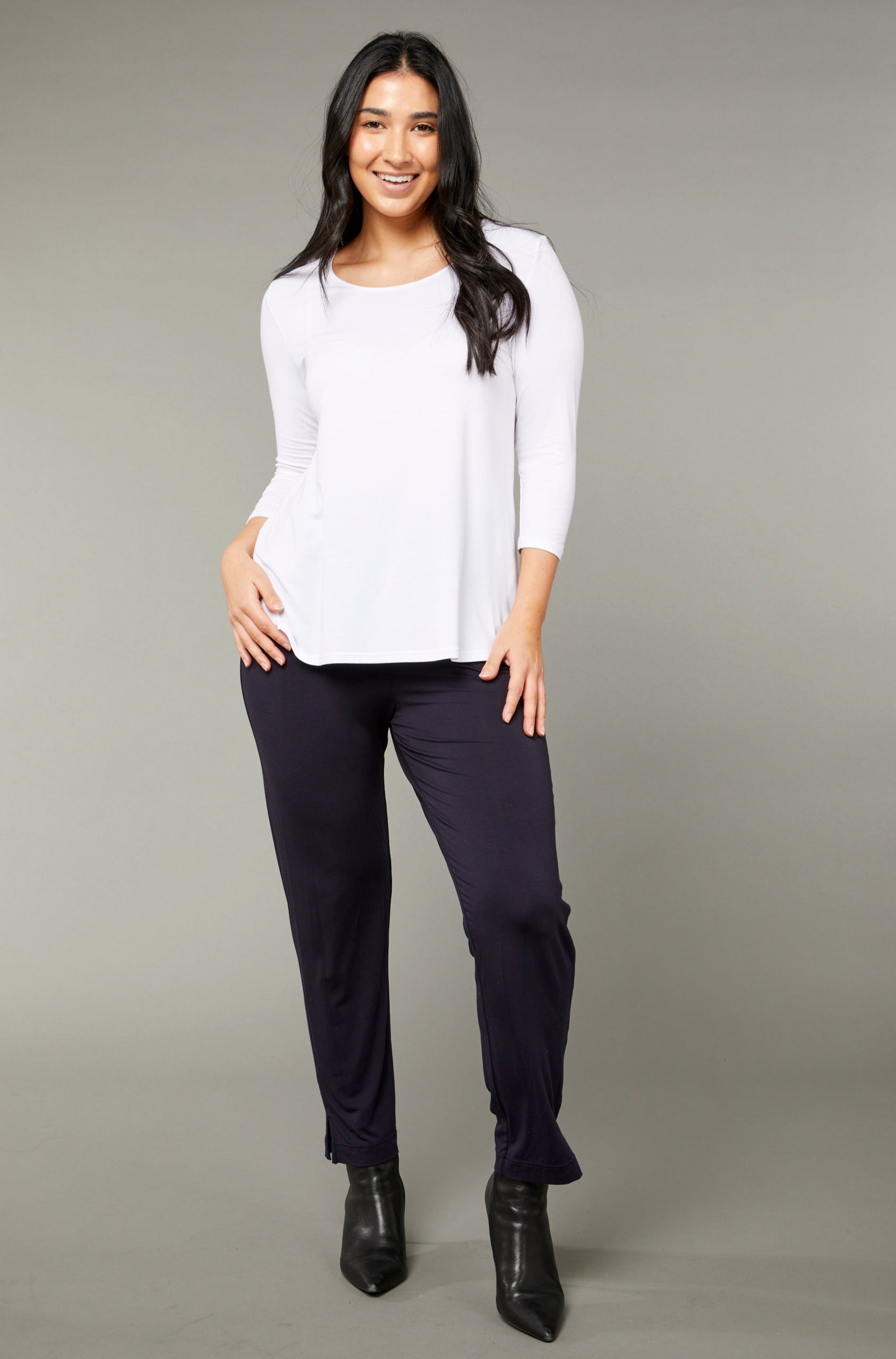 3/4 Sleeve Scooped Hem White