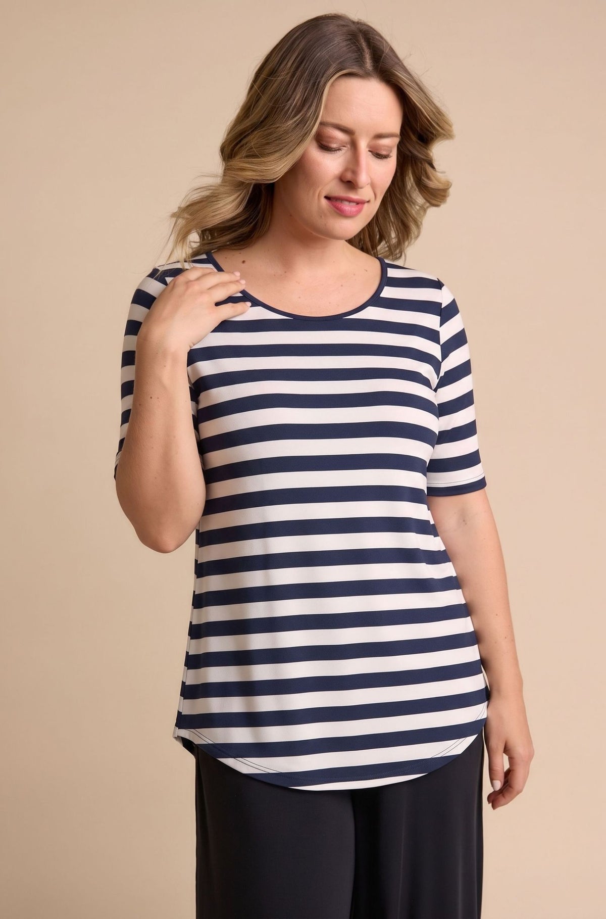 Elbow Swing Tee Sample | Riveria French Navy-White Stripe