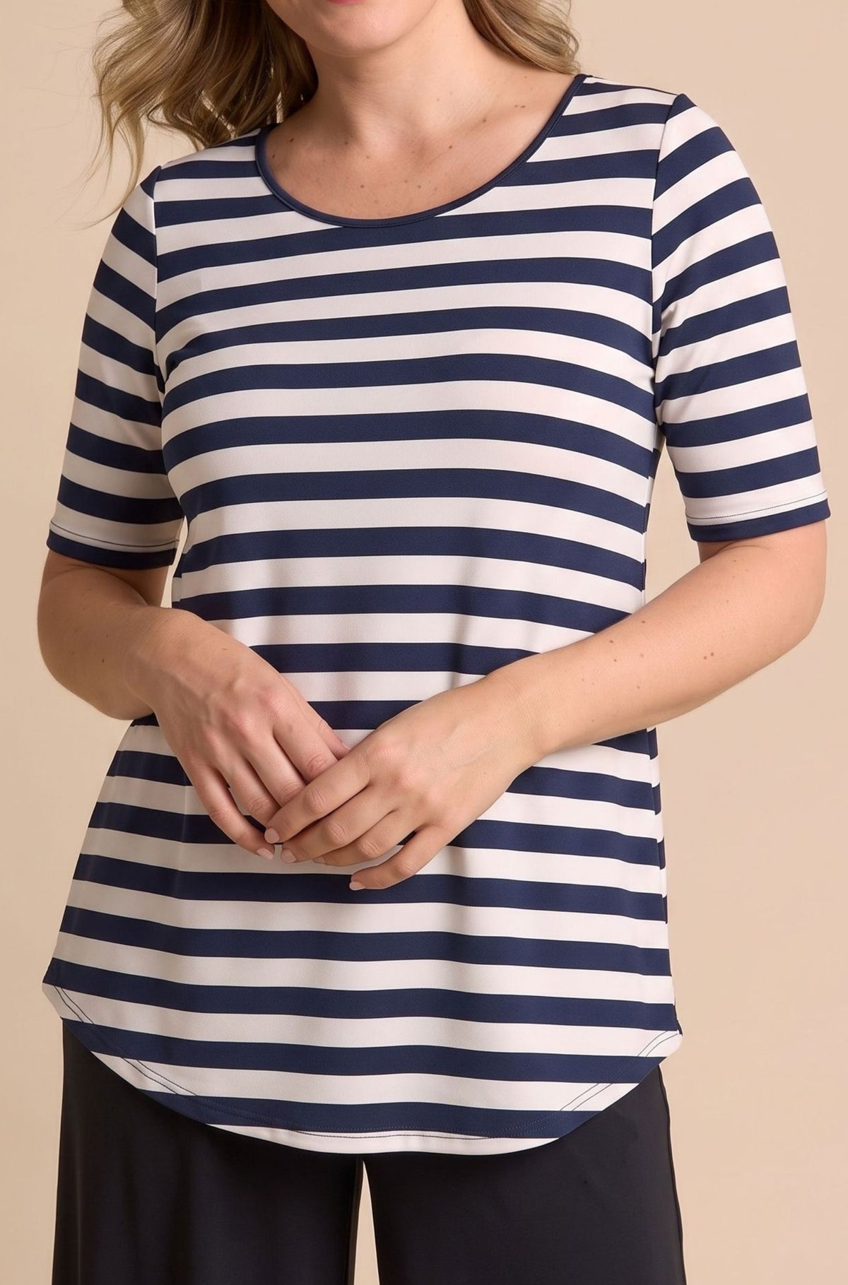Elbow Swing Tee Sample | Riveria French Navy-White Stripe