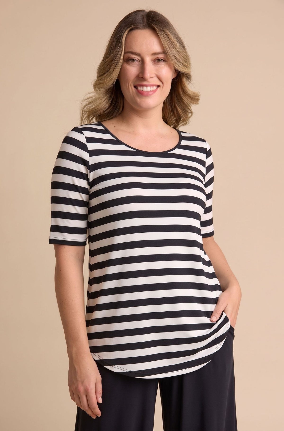 Elbow Swing Tee Sample | Riveria Black-White Stripe