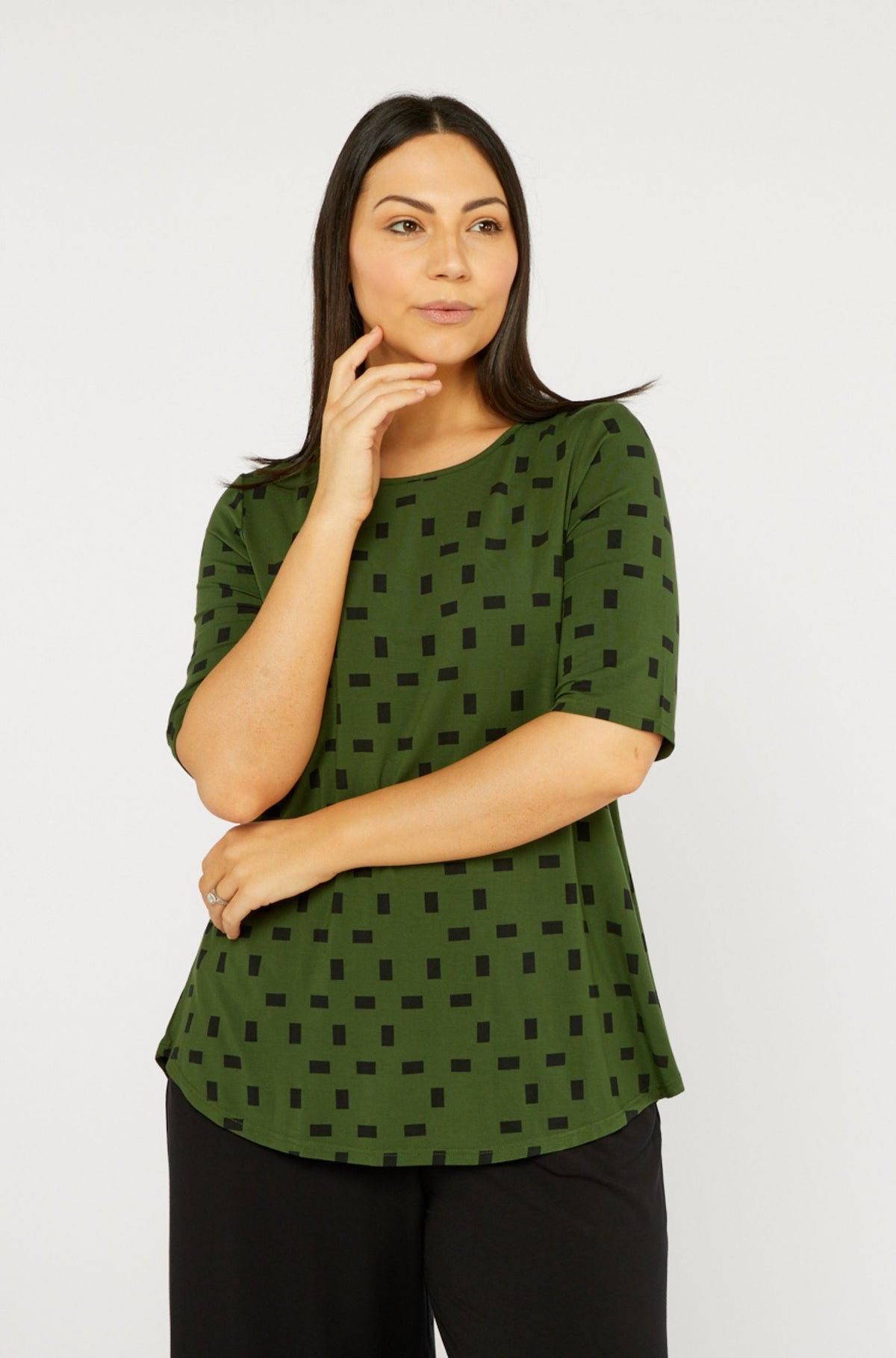 Elbow Swing Tee Sample | Moss Print