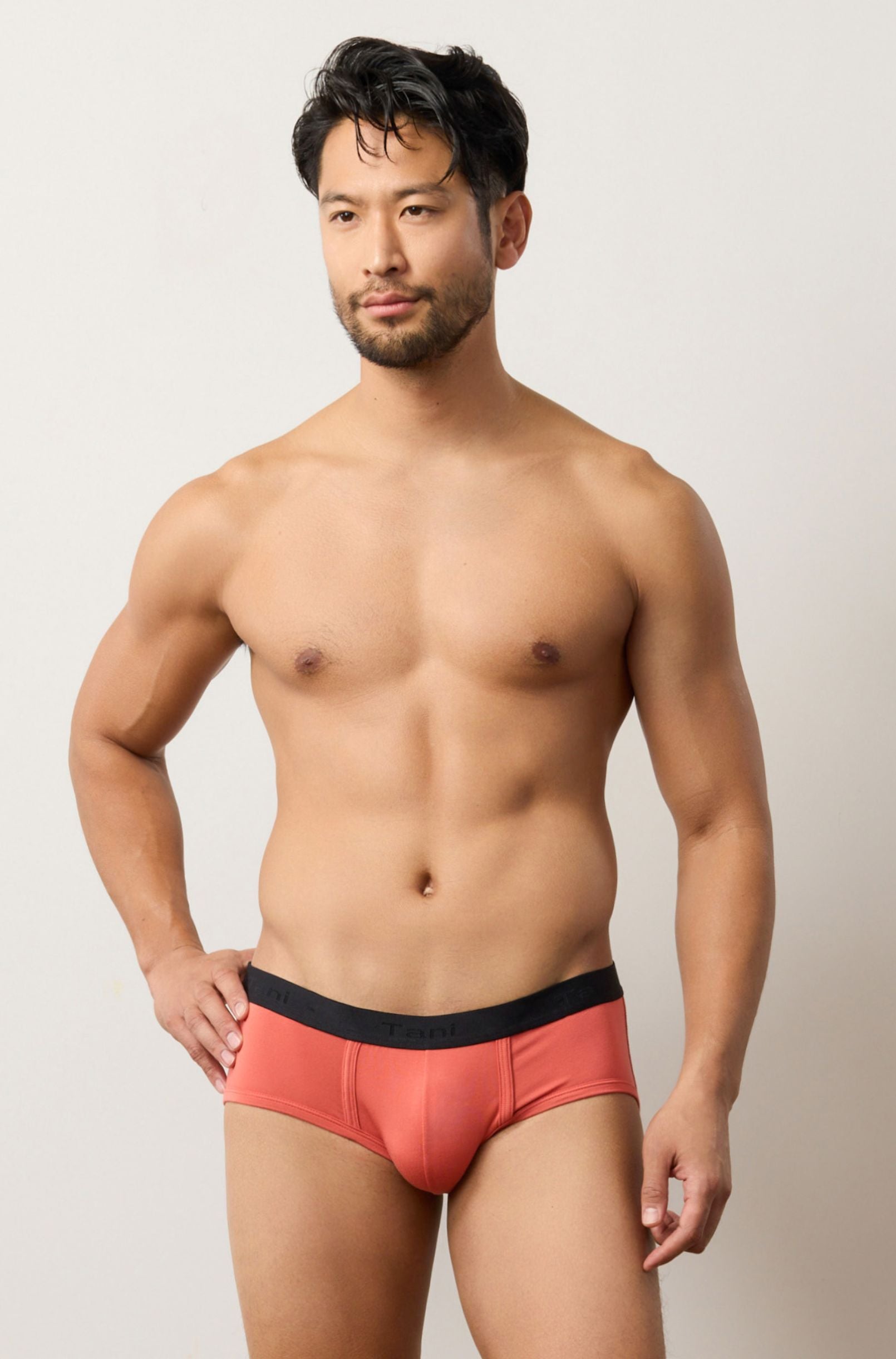 This image features a male model wearing a terracotta-colored regular brief. The brief has a medium rise waist and is equipped with a signature Tani waistband, ensuring a comfortable and secure fit.