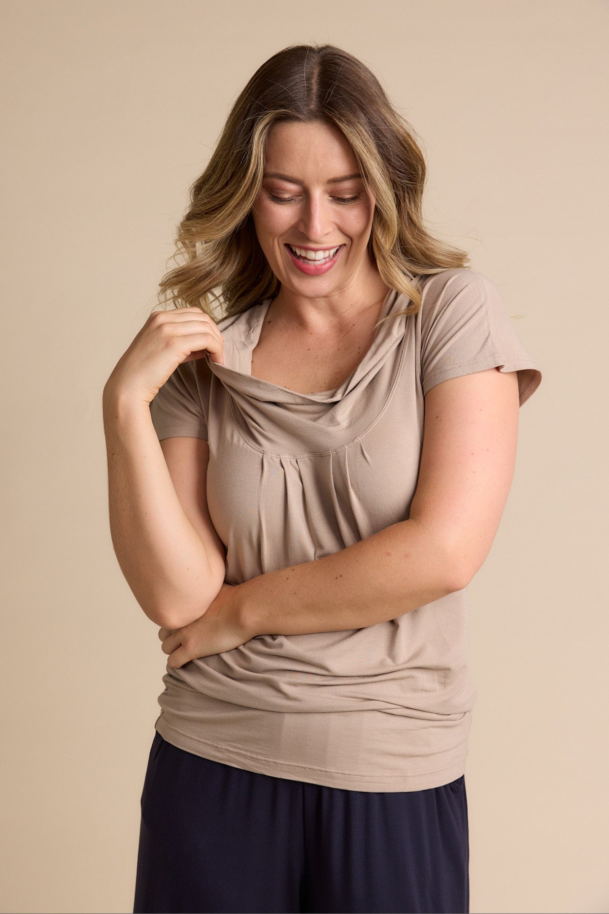 Cowl Neck Cap Tee - Latte