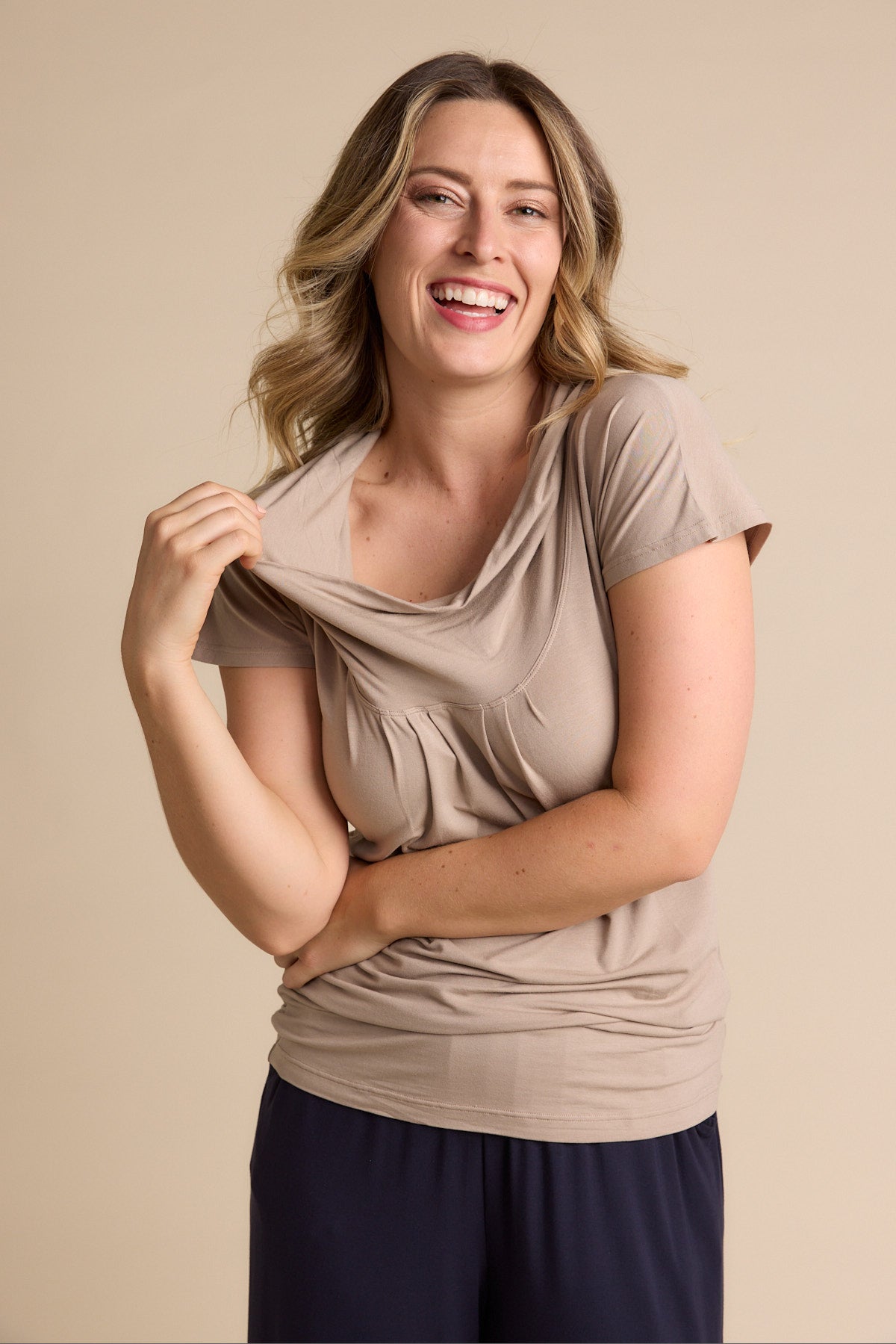 Cowl Neck Cap Tee - Latte